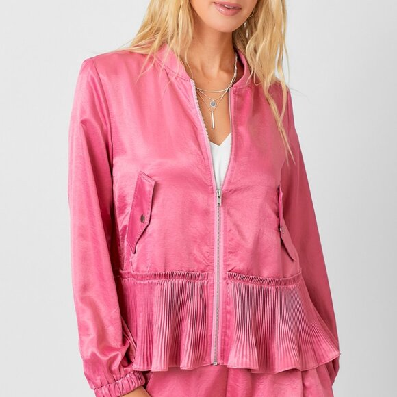 MYSTREE Pink Satin Pleated Hem Bomber Jacket - Picture 2 of 7